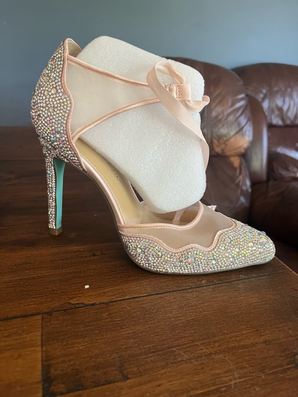 Betsey Johnson Pink Crystal Scalloped T-Strap High Heel